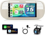 4G + 64G autoraadio Android 15 Fiat 500 2007-2015, 7-tolline HD puutetundlik autoraadio traadita Carplay Android auto GPS Wi-Fi USB Bluetooth 5.0 FM RDS raadio tagurduskaameraga Beige