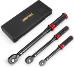 Aeroforce Torque Wrench 1/4 Inch & 3/8 Inch & 1/2 Inch, 3-Piece Torque Wrench Set 5-25 Nm, 10-60 Nm, 20-220 Nm, &plusmn;3% Error Accuracy with 72 Teeth Reversible Ratchet Head for Bicycle, Car, Motorcycle