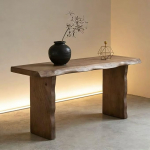 Konsole Massivholz mit Baumkante (4,5cm), Schmaler Konsolentisch bis 80kg, Moderner Mid-Century Diivan-Tisch Walnuss-Finish, Stabiler Beistelltisch f&uuml;r Flur & Eingang