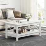 YITAHOME Coffee Table, Living Room Table, 2-Tier Thick Wood, Rectangular Coffee Table, X-Shape Metal Side Support, Sturdy, 100 x 55.3 x 45 cm, White