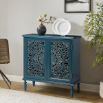HULALA HOME Sideboard Buffetschrank mit Stauraum 2-st&ouml;ckiges Regal & 2 T&uuml;ren mit Blumenmuster im Used-Look f&uuml;r Wohnzimmer, Esszimmer, Eingangsbereich und Flur, Blau