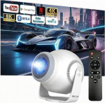 Mini projektor 4K & 8K 1080P kaasaskantav projektor Android 14 5G WiFi 6 ja Bluetooth 5.4 270&deg; p&ouml;&ouml;ramine HDMI/USB/DC 8GB m&auml;lu Horisontaalne keystone'i korrigeerimine