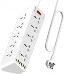 B09H3156N2USB pikendusjuhe 2 m, 10-pistmikupesa 6 USB-ga (1 C-t&uuml;&uuml;pi + QC3.0 pesad + 4 USBA), pistikupesa pikendus pistikupesa kodukontorile, 2500 W/10 A, valge
