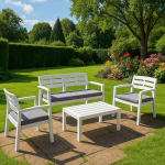 Dmora - Massa Lounge komplekt v&auml;ljas, aiakomplekt 2 tugitooli, 1 diivan ja 1 kohvilaud, sise- ja v&auml;litingimustes istumiskomplekt koos padjadega, 100% Made in Italy, valge