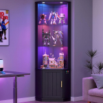Gurexl 175 cm klaasvitriin 24 RGB valgustusega ja intelligentsete sensoritega, seisev nurgavitriin 3 reguleeritava klaasriiuliga, elutoa kapid LED-iga, trofeedele, figuuridele, kurioosale, must