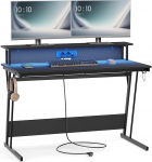 VASAGLE LWD192B02 m&auml;ngulaud sisseehitatud vooluv&otilde;rguga, arvutilaud koos monitoristendiga 2 monitorile, magamistuba, 60 x 120 x 76 cm, must