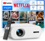 Smart Beamer 4K [Kompatibel mit Netflix & Offizielle Apps] 20000 Lumen Kurzdistanz Beamer mit Elektrischer Fokus/Trapezkorrektur, Android 13, 1080P FHD WiFi6 Bluetooth Mini Projektor for Schlafzimmer