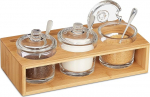 Relaxdays Spice Jars Set of 3 with Bamboo Holder, Glass Sugar Bowl with Spoon and Lid, Salt Container, Natural/Transparent, 11 x 27 x 13 cm