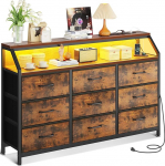 ODK sahtlitega kapp, sahtlikapp 2 pistikupesa, 2 USB-pesa ja v&auml;rvimuutuv LED-valgusriba, 9 riidest sahtliga, sobib magamistuppa, elutuppa, vintage v&auml;rviga