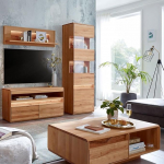 Living Room Furniture Set Solid Beech Heartwood Oiled with Wall Shelf, Lowboard, Display Cabinet, Coffee Table and LED Lighting, 5-Piece - Real Wood/Solid Wood, Soft Close, Handle-Free