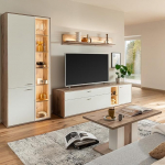 Wohnm&ouml;bel Set Wohnwand Eiche wei&szlig; 4-teilig modern, 1 Vitrine, 1 Wandboard, 1 Lowboard, 1 Couchtisch, inkl. LED-Beleuchtung