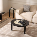 Cagnolier T&auml;ispuidust &uuml;mmargune kohvilaud turvaklaasiga ja rotangist v&auml;limusega, 3 suurust (l&auml;bim&otilde;&otilde;t 40/60/80 cm), naturaalse disainiga &uuml;mmargune laud, k&uuml;ljelaud, puidust laud elutuppa ja r&otilde;dule