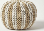 Homescapes Pouf, Linane valge triibuline kootud pouf, &uuml;mmargune p&otilde;randapadi 35 x 40 cm, 100% puuvillast kootud dekooriline jalats, kootud pouf/kootud jalatsihoidja