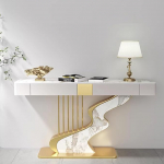 BRCYKRWY Moderner Halbmond-Konsolentisch,Moderner Eingangstisch mit Schublade,Oberfl&auml;che aus Marmoriertes Muster,f&uuml;r Wohnzimmer,Eingang,Flur,Foyer(Gold+Brown,120cm/47.2")