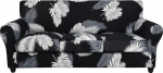 SearchI Stretch Sofa Cover Printed Floral Pattern 4 Pieces Sofa Slipcover with 3 Separate Pillow Covers, Washable Furniture Protector for Living Room (Sofa, Black+Feather)