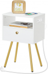 HOOBRO EDW88CBZ01 Bedside Table with Charging Station, Side Table with Drawer and Open Compartment, Sofa Table, 28 x 38 x 60 cm, Side Table for Bedroom, White and Gold