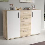 Forte IKOLI sahtlikapp 120, kaasaegne sahtlikapp, 2 ust, 4 sahtlit, elutuba, magamistuba, esikusse, puukomposiit, valge Sonoma tammepuidust dekooriga, 119,6 cm lai x 81,7 cm k&otilde;rge x 31,4 cm