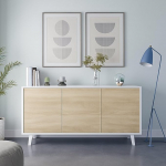 Dmora - Arvada Sideboard Modernne 3 ukse ja riiulitega k&uuml;ljepaneel, k&ouml;&ouml;gibuffet, elutoa disainibuffet, cm 154 x 40h75, l&auml;ikivvalge ja valge v&auml;rviga