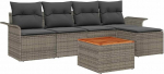6-teiliges Garten-Sofa-Set mit Kissen Grau Poly-Rattan Akazie, 2-Sitzer Garten-Sofa mit Stauraum & Kissen Grau Poly-Rattan Gartenlounge Model3355983