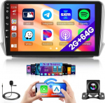 Hikity 2G 64G Android Autoradio Peugeot 208/2008 2012-2018 juhtmevaba Carplay Android autole, 10,1-tolline puuteekraaniga autoraadio GPS-navigatsiooniga Bluetooth WiFi RDS FM mikrofoniga tagurduskaamera