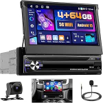 Hikity Android autoradio, 1 DIN koos satelliitnavigatsiooniga, traadita Carplay, Android auto, Bluetooth, k&auml;ed-vabaduse komplekt, 7-tolline k&auml;sitsi laiendatav puuteekraaniga autoraadio koos tagurduskaameraga, WiFi, FM RDS