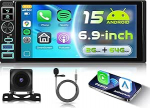 2G + 64G Android 15 autoraadio 1 DIN traadita Carplay Android autoga, 6,9-tolline HD IPS puuteekraaniga raadio tugi Bluetooth FM RDS raadio GPS Wi-Fi Link peegeldus 2USB Type-C tagurduskaamera