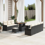 Rantry 10-teiliges Garten Sofa Set mit Kissen Schwarz Poly Rattan Akazie Gartenlounge Model3362100