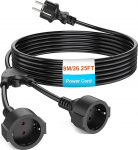 HITRENDS pikenduskaabel IP44 Outdoor 2 Schuko pistikupesaga, 8 m, 3 x 1,0 mm&sup2; puhas vask, PVC, 250 V/13 A/3250 W, ilmastikukindel aeda, kontorisse, koju, must