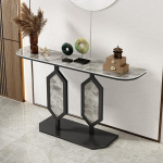 Moderner schmaler Konsolentisch f&uuml;r den Eingangsbereich - stilvoller schwarzer Sofatisch, Langer Akzenttisch f&uuml;r das Wohnzimmer, schicker Flurtisch, vielseitiges Rockboard hinter dem Couchti