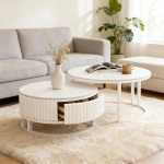 &Uuml;mmargune kohvilaud, valge, 2-osaline komplekt, marmorist kohvilaud, 50 + 70 cm, elutoa laud, valge k&uuml;ljelaud, &uuml;mmargused pesitsuslauad elutuppa, tugev metallraam koos