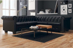 Chesterfield nurgadiivan, 5-kohaline, must kunstnahk, tugev puust raam, 205 x 205 cm, L-kujuline diivan elutuppa, elegantne disain, lihtne hooldada