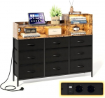 IRONCK sahtlitega kapp, sahtlikapp LED-valgustuse ja laadimisjaamaga, 9 riidest sahtlit ja 3 avatud sektsiooni, kaasaegne sahtlikapp magamistuppa ja elutuppa (Vintage Black)