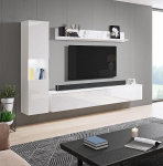 Kaasaegne 3-osaline elutoa m&ouml;&ouml;blikomplekt l&auml;ikivas valges, sh seinakapp, alumine laud ja seinariiul Stiilne meelelahutuskeskus koos hoiuv&otilde;imalustega