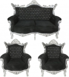 Casa Padrino Baroque elutoa komplekt must/h&otilde;bedane Bling Bling Strassidega - 2-kohaline diivan + 2 tugitooli - Barokne m&ouml;&ouml;bel
