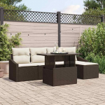 6-teiliges modulares Outdoor-Sofa-Set mit Kissen und Sicherheitsglas-Tisch, Gartenm&ouml;bel-Set in Braun und Creme