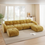U-f&ouml;rmiges Modulsofa, rahmenloses Sofa, 4-Sitzer-Kombinationssofa-Set, inklusive 2 Hockern, geeignet f&uuml;r das Wohnzimmer, bequemer Stoff, Gelb, Rutschfestes Design, Keine Montage erforderlich