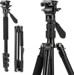 Fotopro 200 cm/79 inch Video Tripod, Aluminium Travel Tripod and Monopod with 360&deg; Fluid Head, Professional Camera Tripod for DSLR, Load up to 3 kg/6.6 lbs