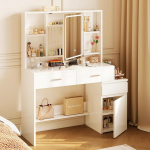 JUMMICO riietuslaud LED-peegli valgustusega (3 heledust ja 3 v&auml;rvitemperatuuri), suur kosmeetikalaud 6 sektsiooniga, 2 sahtlit, k&uuml;lgkapp ja hoiuala, 117 x 40 x 140 cm, valge v&auml;rviga.