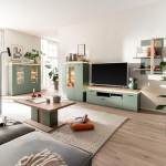Lomadox Living Room Set with Remote Cabinet & Highboard with LED Accent & Interior Lighting, Green with Oak Modern 5 Pieces -