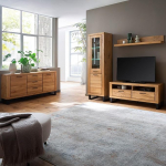 Living Room Furniture Set in Partially Solid Oak with 138 cm Lowboard and LED Lighting, 4 Pieces, Real Wood/Solid Wood Fronts, Oiled