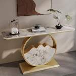 Konsolentisch, moderner Akzenttisch, Sofatisch, Eingangstisch, Tisch hinter der Couch, Flurtisch mit Metallrahmen, Foyertisch mit Schieferplatte (Gold-A, 150 cm)