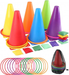 Coriver 32-osaline r&otilde;ngaste viskamise m&auml;ngukomplekt, 3 in 1 karnevali kombinatsioonikomplekt koos beekottide, plastkummide, koonusm&auml;rkide ja kandekotiga, osavuse treeningm&auml;ngud siseruumides ja &otilde;ues spordiv&auml;ljakutel &otilde;uealal