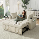 Merax Sofa Bed 2-Seater Sofa with Sleep Function, Foldable 3-in-1 Sofa Bed with Adjustable Backrest, Drink Holder and Armrest Pockets, Velvet, Beige, 137 x 76.5 x 83 cm