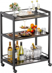 HITNET Serving Trolley, Black, Rolling Trolley, Bar Trolley with Wheels, 3 Levels, Drinks Trolley for Kitchen, Dining Room, Living Room