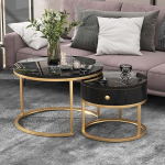 sogesfurniture Round Coffee Table, Set of 2, High Gloss, Living Room Table, Sofa Table with Drawer, Coffee Table with Marble Pattern, Golden Metal Frame for Living Room, Balcony, Black