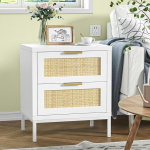 Yvsevnr Bedside Table with 2 Drawers, Boho Wooden and Rattan Bedside Table for Bedroom, Living Room, Easy to Assemble, 48 x 35.3 x 54.6 cm
