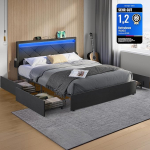 VASAGLE Kahekohaline voodiraam, sobib 140 x 200 cm madratsile, LED-metallist voodi, 4 sahtlit, laadimisjaam, reguleeritav pehmendusega peatugi, slaidhall, RMB827G02