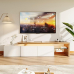 TV kapp Lowboard 200 cm koos valgustusega, kaasaegne TV kapp, TV kapp 2 klaasriiuli ja 3 uksega, elutoa m&ouml;&ouml;bel, k&otilde;rgl&auml;ikega valge ja naturaalne puidumass, 200 x 39 x 42 cm