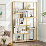 Tribesigns raamaturiiul, 180 cm kontoririiul 8 avatud riiuliga, metallraamiga riiul, kaasaegne kuldne seisev riiul elutuppa, t&ouml;&ouml;tuppa, kontorisse, valge + kuldne