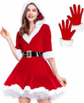 Giugio Weihnachtsmann Kost&uuml;m Damen, Rot Weihnachtskost&uuml;m Frauen Nikolaus Kost&uuml;m mit Kapuze, Weihnachts Cosplay kost&uuml;m, Weihnachten Karneval Fasching Samt Umhang Kapuzenmantel Kost&uuml;ms